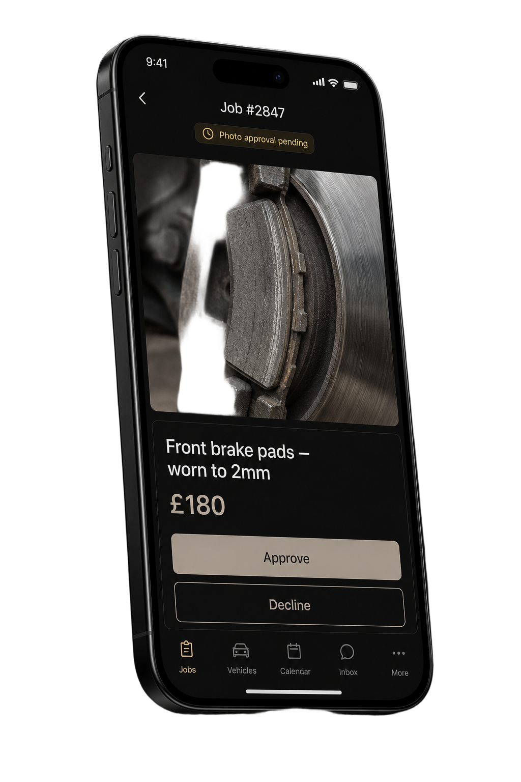 Garagely mobile app showing a job card with photo approval pending for front brake pads